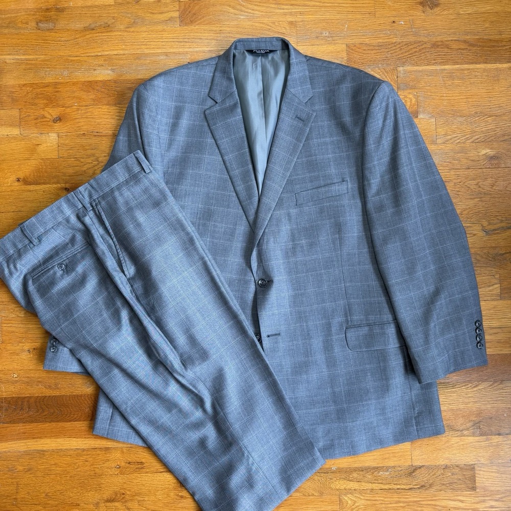 Jos A Bank Mens Suit 50R 45x30 Grey Windowpane Two Button Wool Tailored Fit